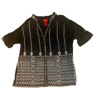V Cristina Black Embroidered Boho Top Size L | Short Sleeve Cotton Blend